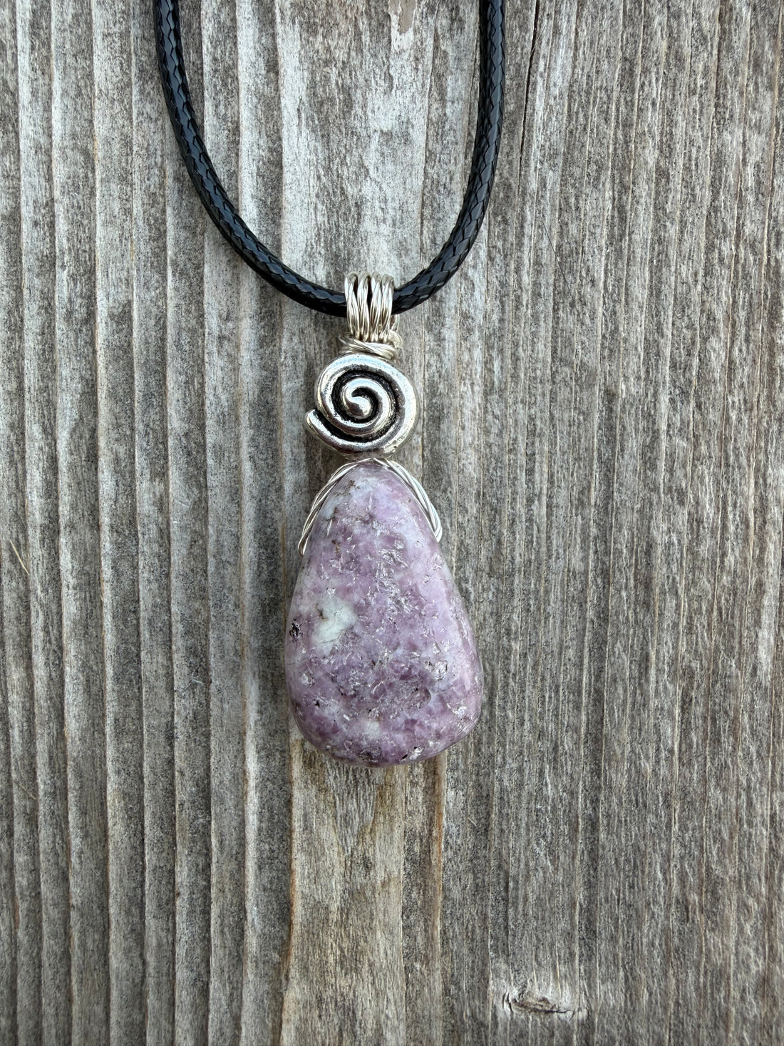 Lepidolite for Quiet and Stability. Swirl for Higher Consciousness and Black Cable