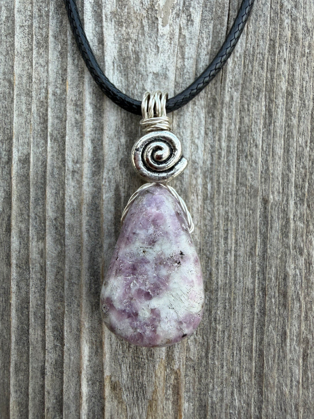 Lepidolite for Quiet and Stability. Swirl for Higher Consciousness and Black Cable
