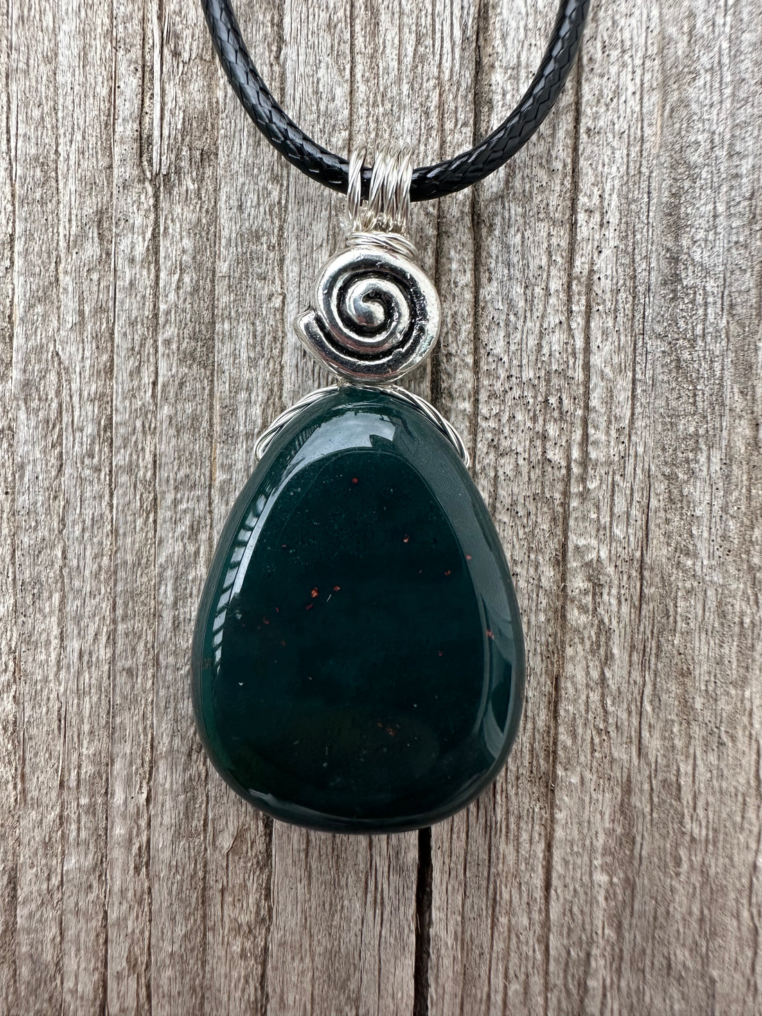 Bloodstone Pendant a Mystical Stone Bringing Understanding, Calm and Courage. Pewter Accent Piece