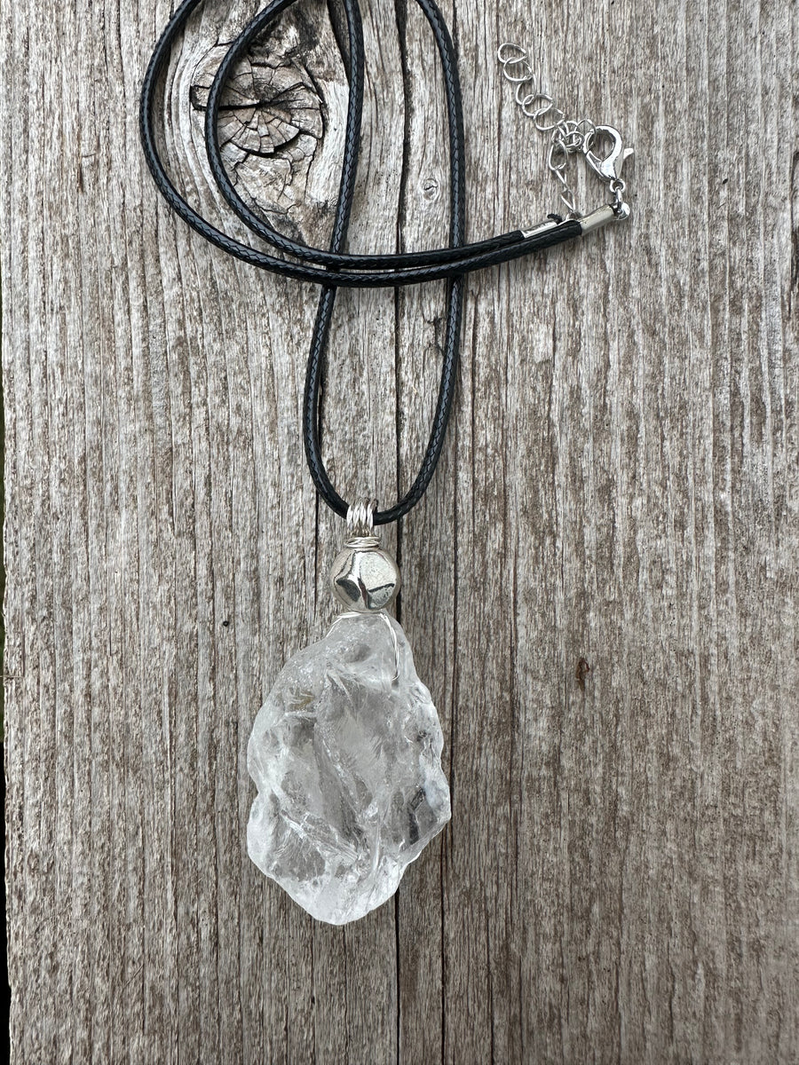 Raw Rock Crystal for Wisdom, Loyalty and Protection. Pewter Accent.
