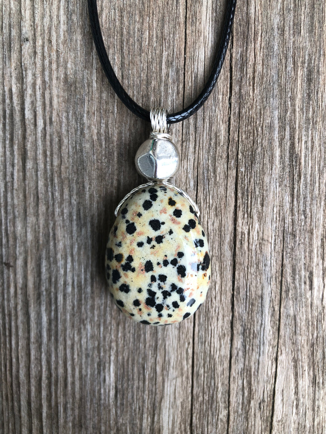 Dalmatian Jasper Necklace for Balance and Joy. Pewter Accent