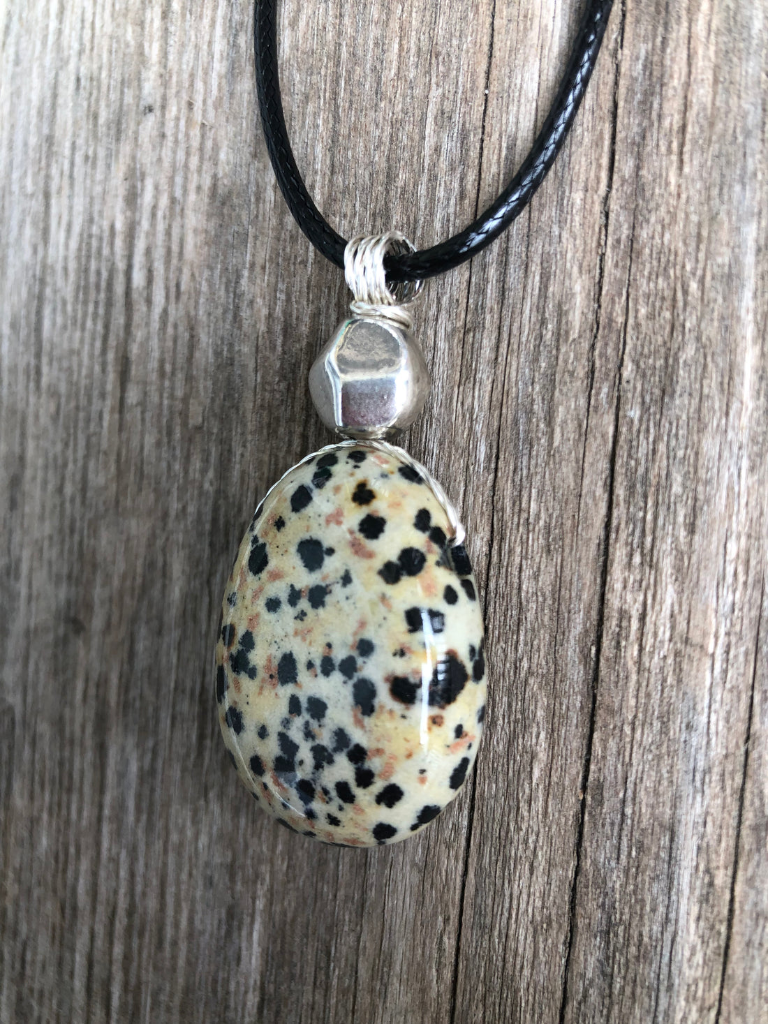 Dalmatian Jasper Necklace for Balance and Joy. Pewter Accent