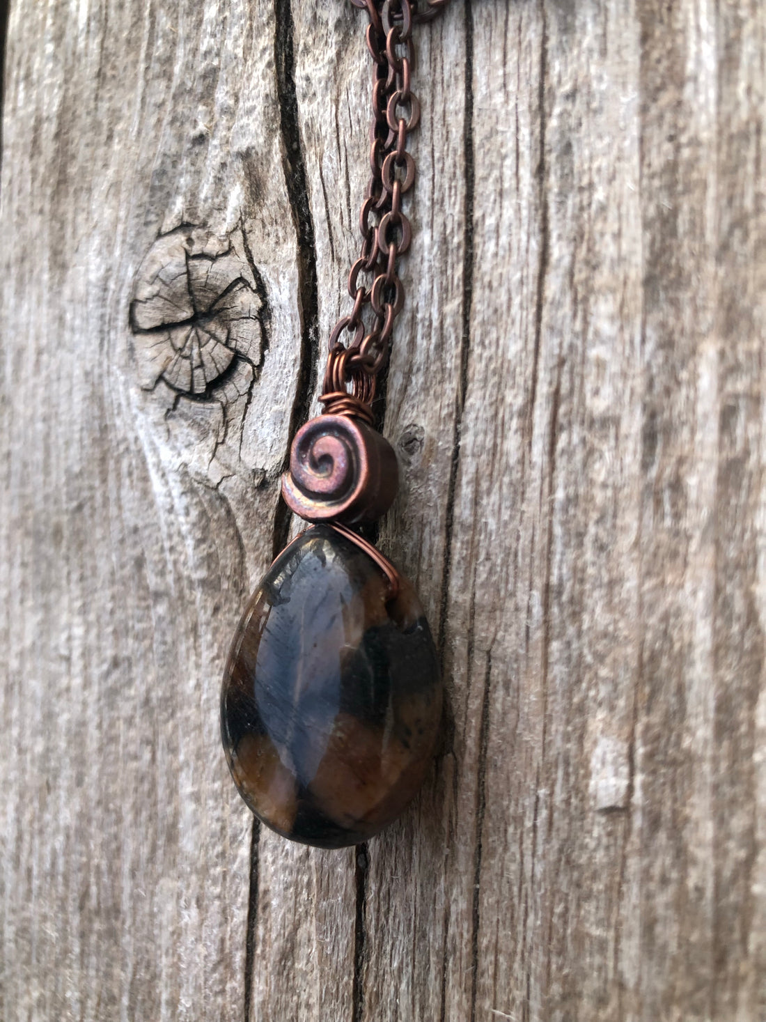 Chiastolite Pendant for Protection and Rebirth. Copper Accents with Swirl to Signify Consciousness. 18 inch Copper Chain