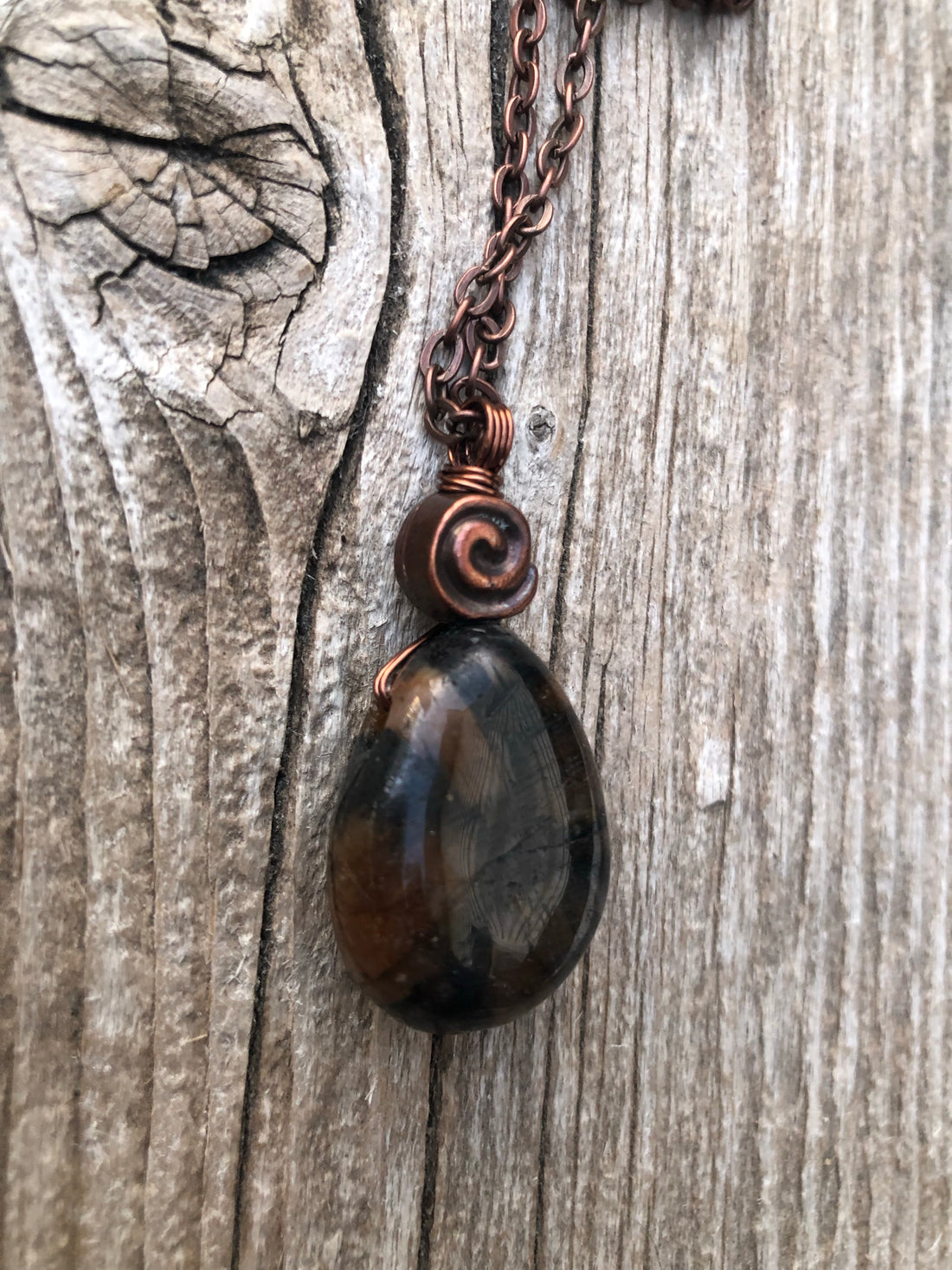 Chiastolite Pendant for Protection and Rebirth. Copper Accents with Swirl to Signify Consciousness. 18 inch Copper Chain