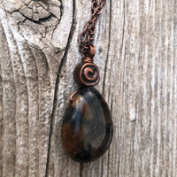 Chiastolite Pendant for Protection and Rebirth. Copper Accents with Swirl to Signify Consciousness. 18 inch Copper Chain