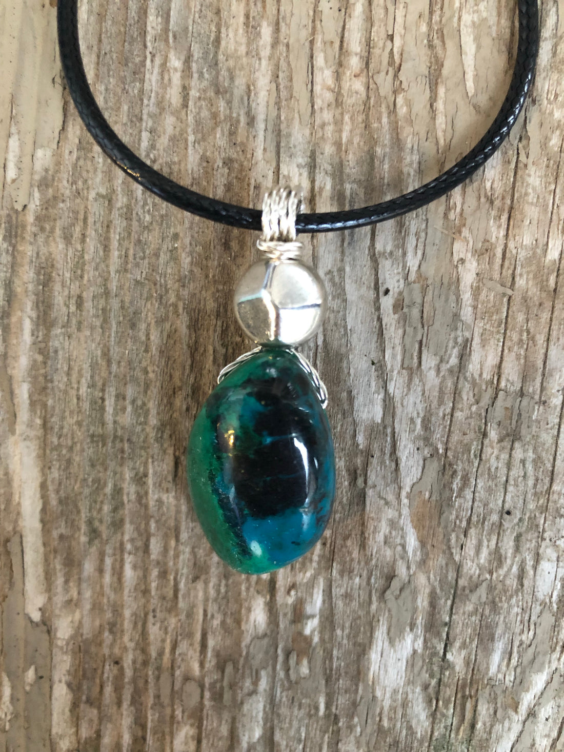 Chrysocolla for Release and Positivity. Pewter Accent.