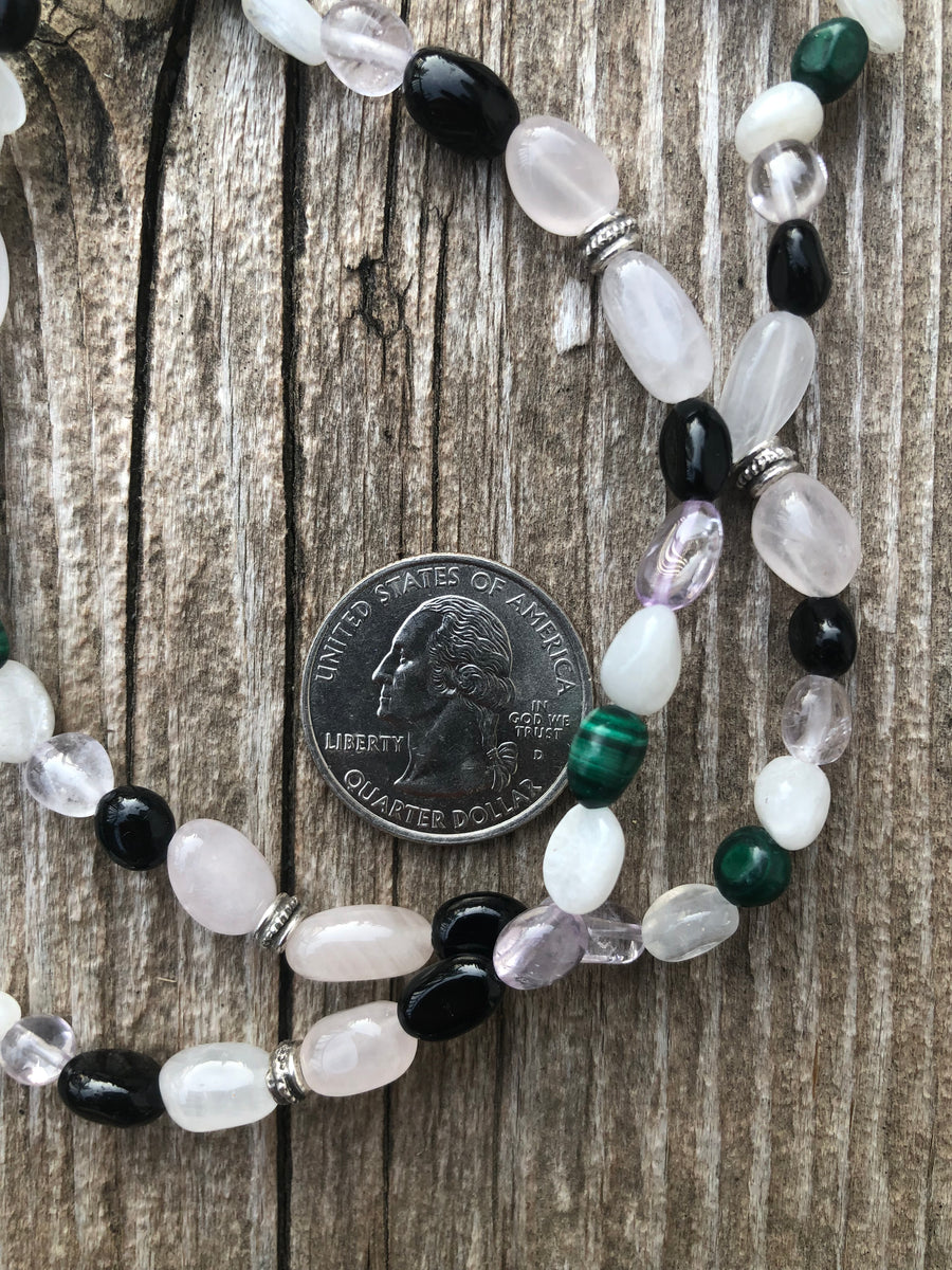 Rose Quartz, Amethyst, Malachite with Tourmaline and Moonstone Bracelet/Necklace