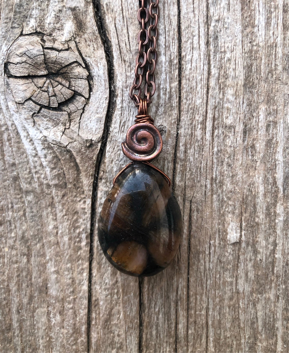 Chiastolite Pendant for Protection and Rebirth. Copper Accents with Swirl to Signify Consciousness. 18 inch Copper Chain