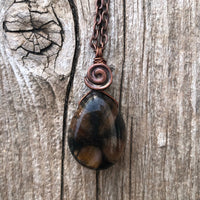 Chiastolite Pendant for Protection and Rebirth. Copper Accents with Swirl to Signify Consciousness. 18 inch Copper Chain