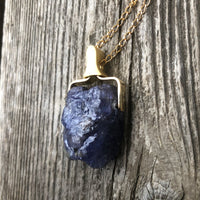 Raw Tanzanite for Communication on All Levels, Purpose and Creativity. 14 Karat Gold Plated Holder and Chain.