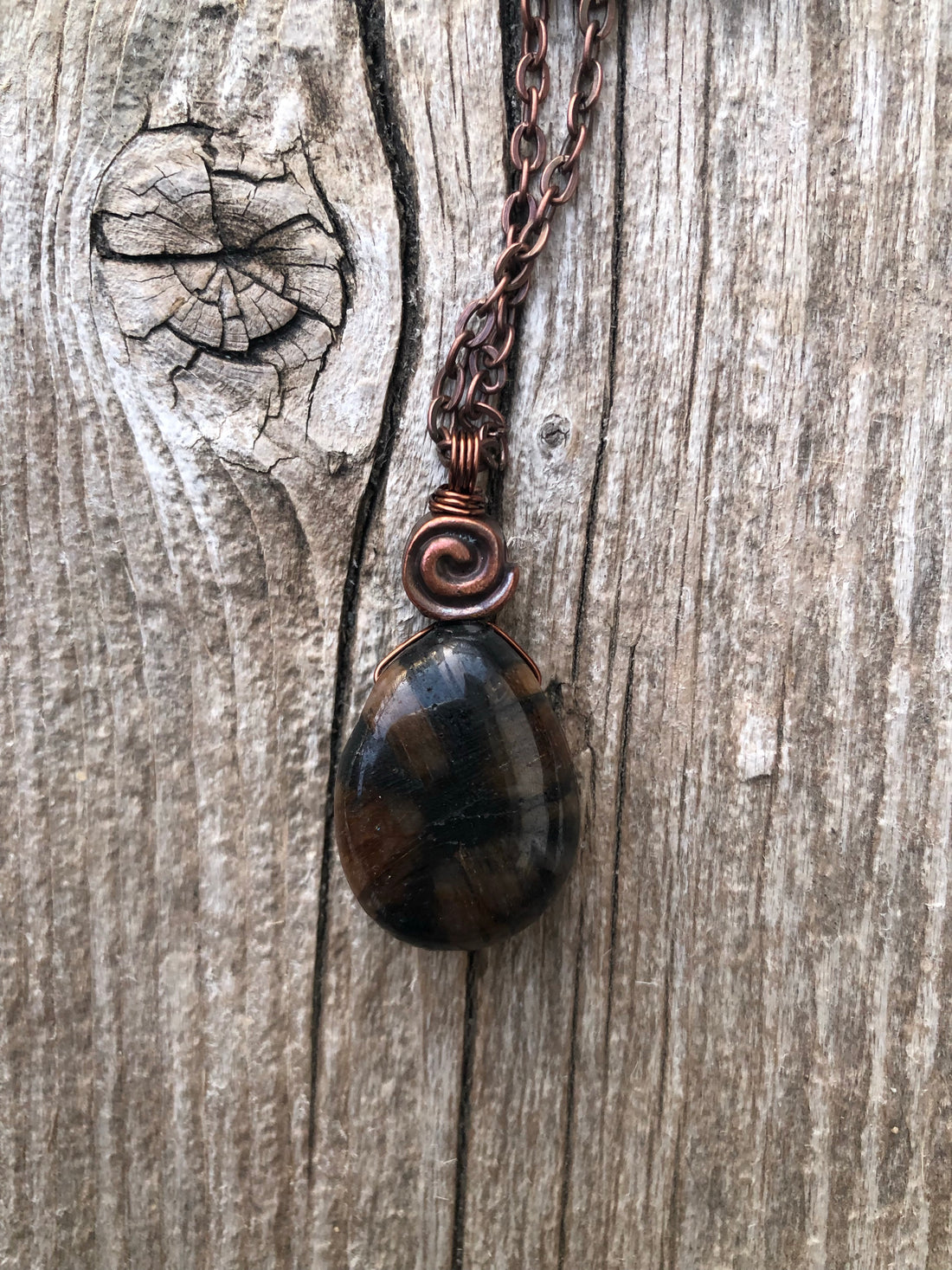 Chiastolite Pendant for Protection and Rebirth. Copper Accents with Swirl to Signify Consciousness. 18 inch Copper Chain