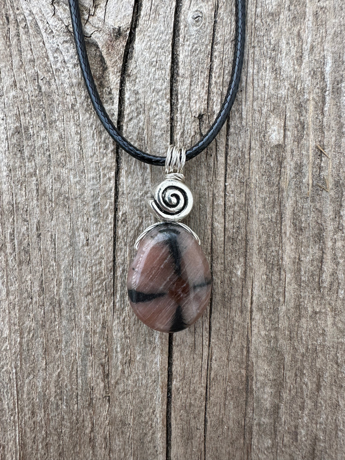 Chiastolite Pendant for Protection and Rebirth. Black cable and Swirl for Higher Consciousness.