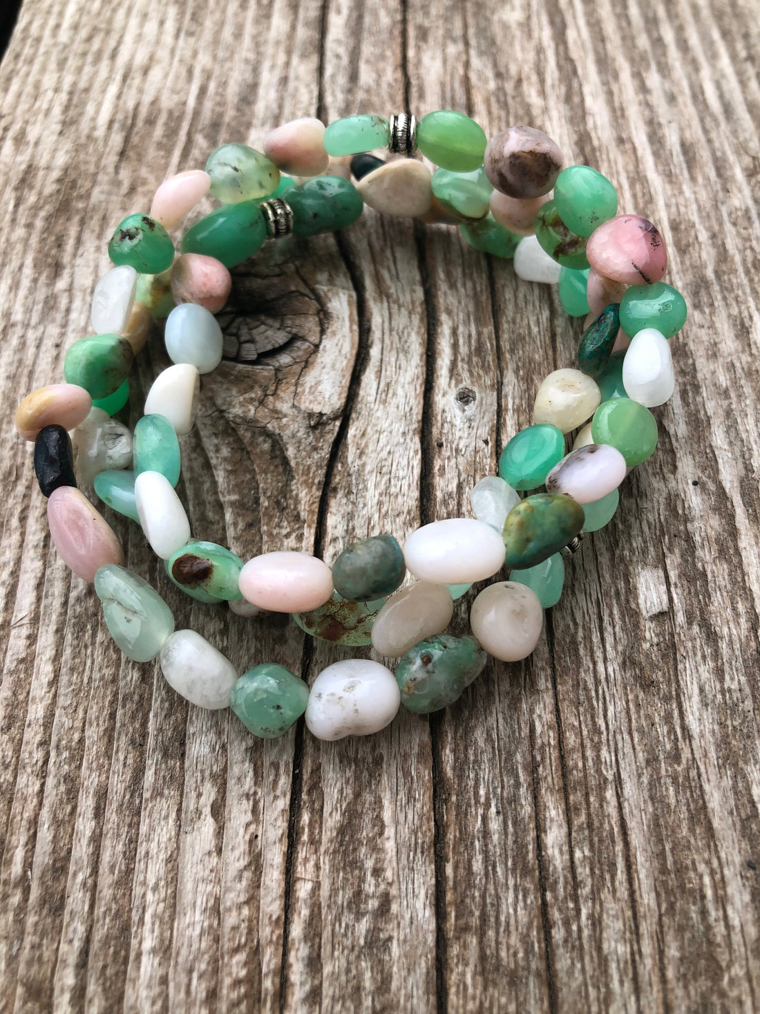 Chrysoprase, Pink Opal, Moonstone & Chrysocolla Wrap Bracelet for Heart Centered Awareness