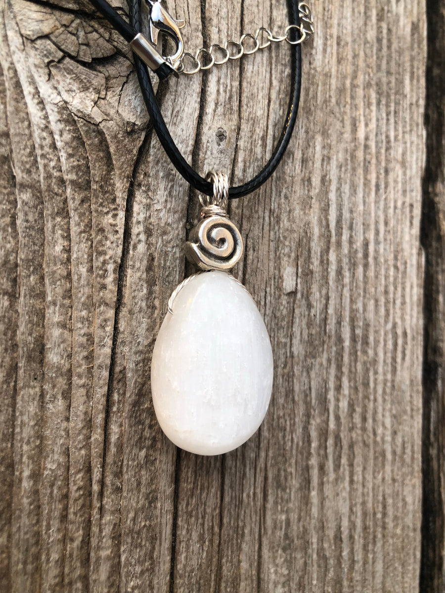 Selenite Necklace for Clearing Energy and Understanding. Swirl Signifies Consciousness