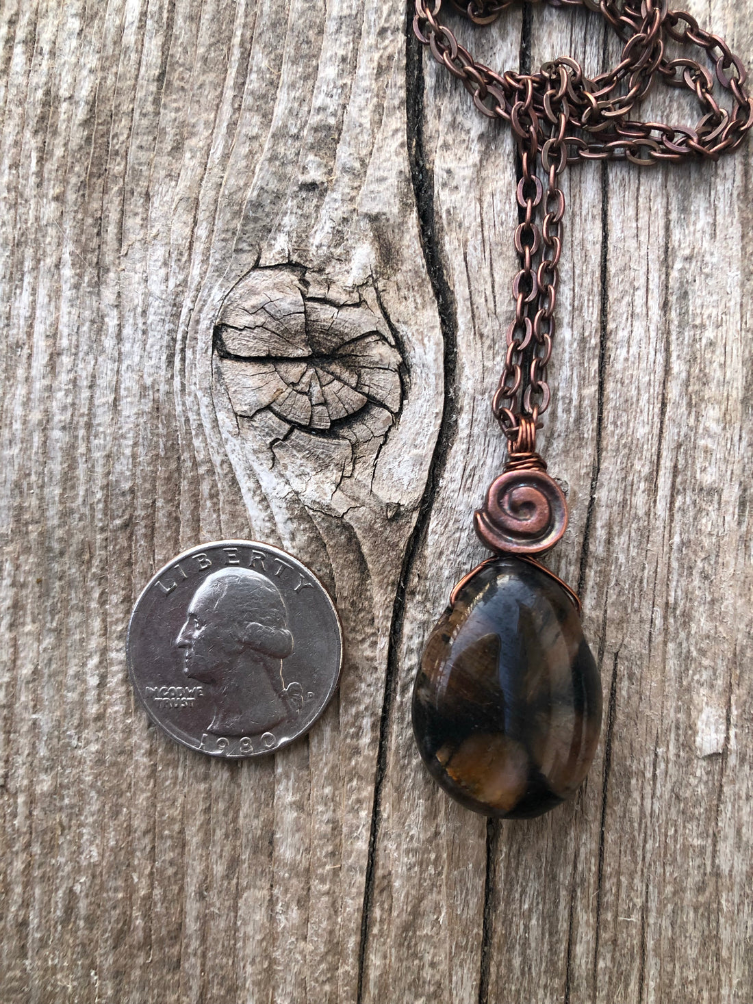 Chiastolite Pendant for Protection and Rebirth. Copper Accents with Swirl to Signify Consciousness. 18 inch Copper Chain