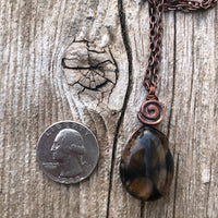 Chiastolite Pendant for Protection and Rebirth. Copper Accents with Swirl to Signify Consciousness. 18 inch Copper Chain