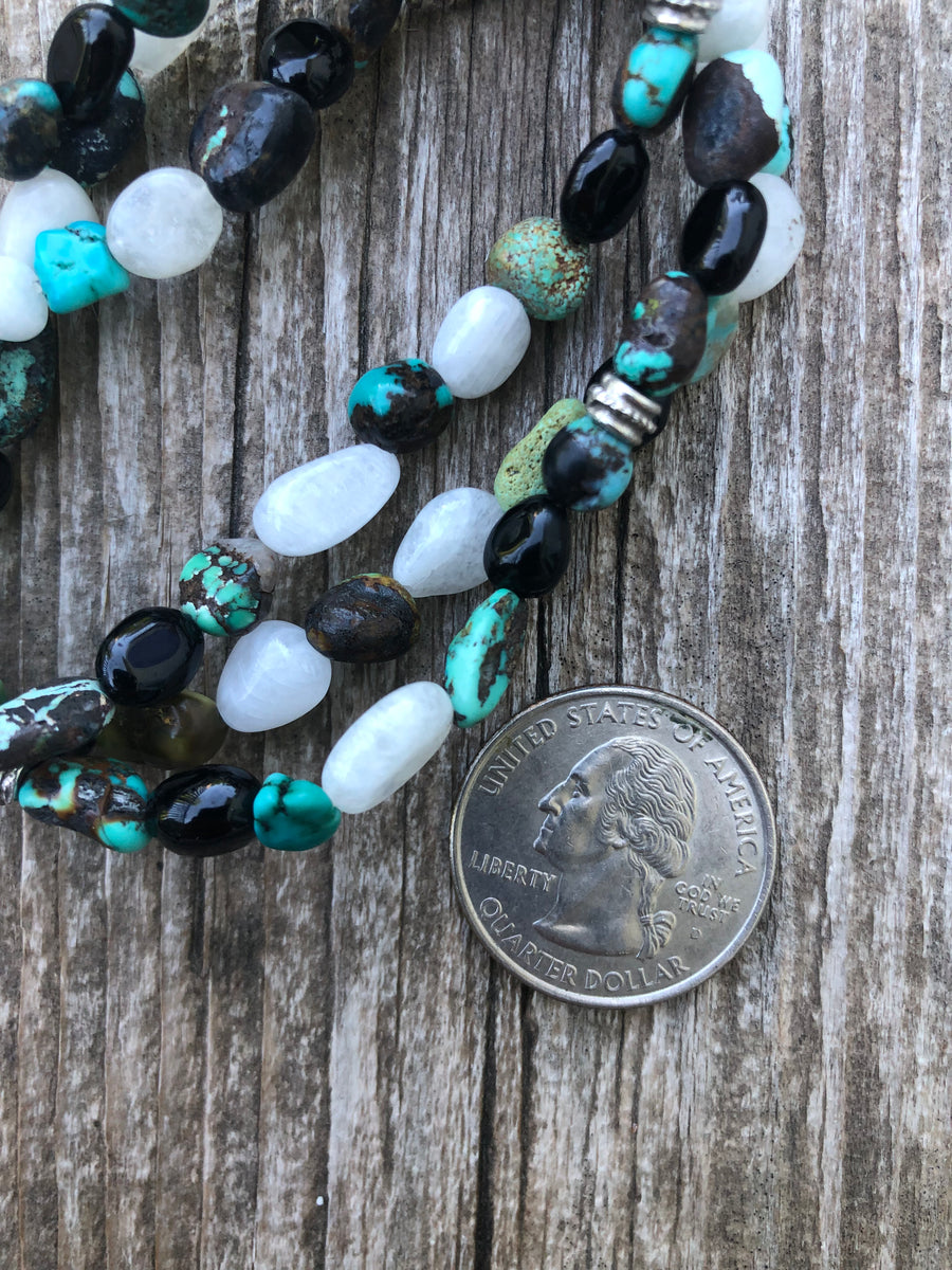 Turquoise, Moonstone and Tourmaline for Communication, Expression of Self and Soul and Reflection. Worn as a Bracelet or Necklace.
