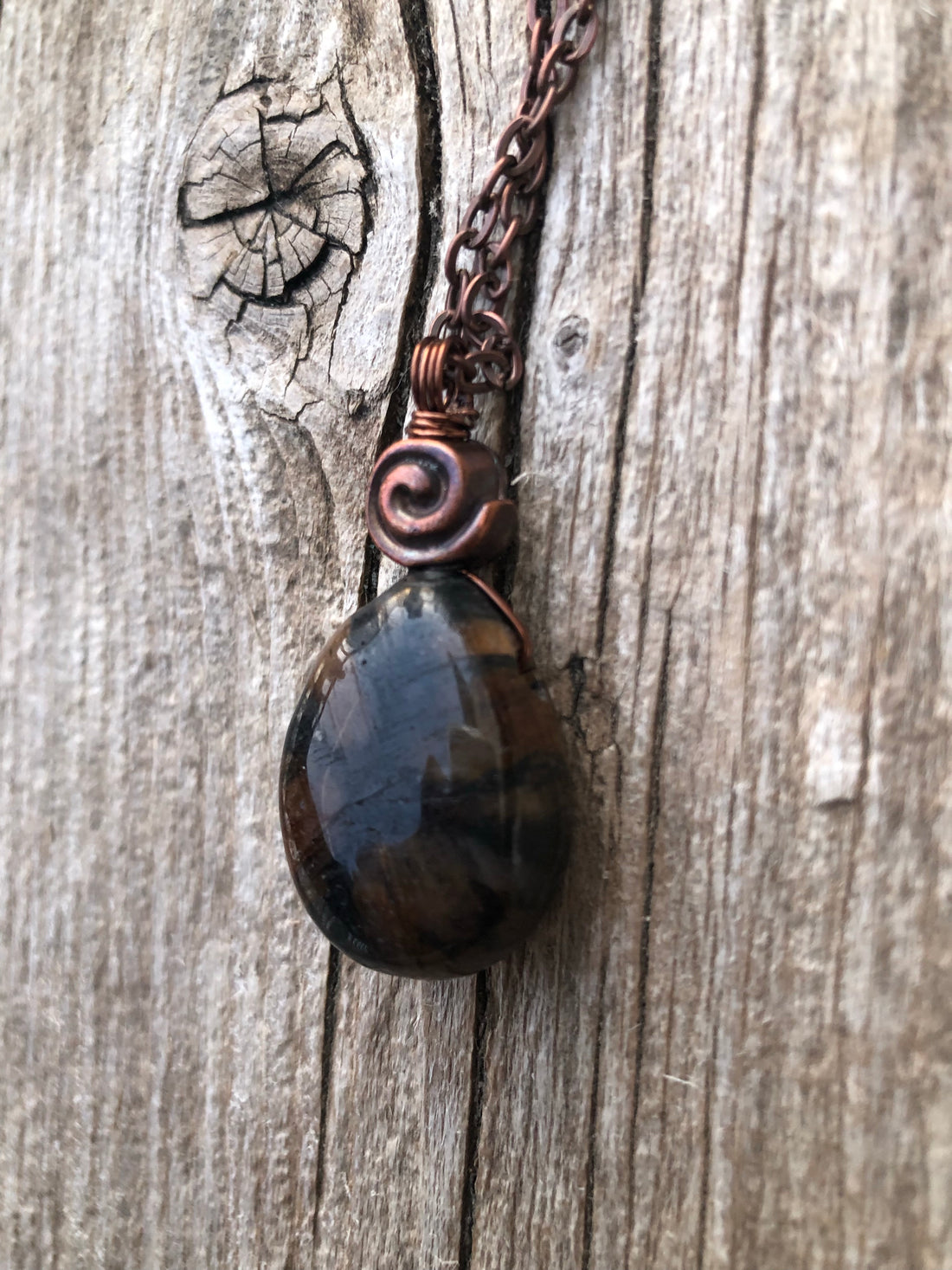 Chiastolite Pendant for Protection and Rebirth. Copper Accents with Swirl to Signify Consciousness. 18 inch Copper Chain