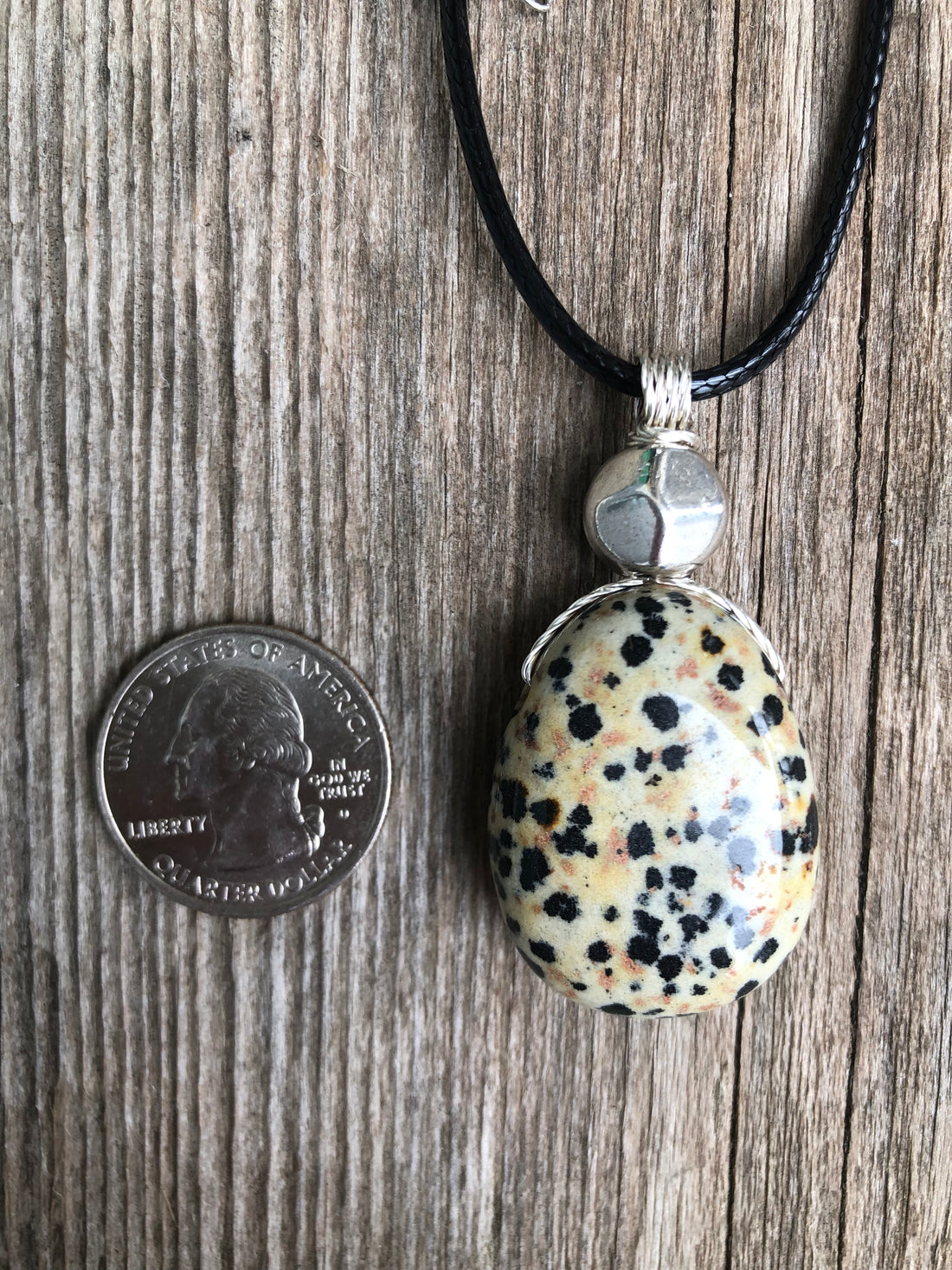 Dalmatian Jasper Necklace for Balance and Joy. Pewter Accent