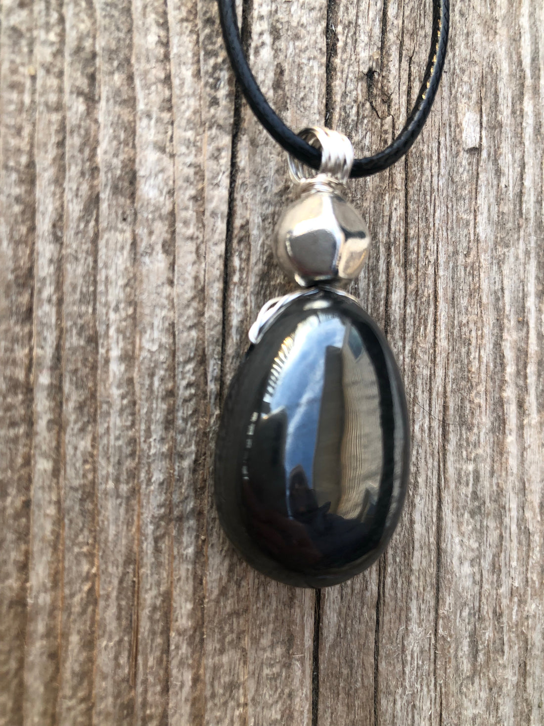 Hematite Necklace for Grounding and Willpower. Accent Piece is Pewter.