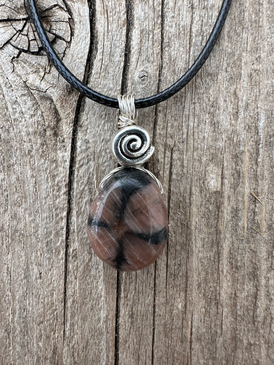 Chiastolite Pendant for Protection and Rebirth. Black cable and Swirl for Higher Consciousness.