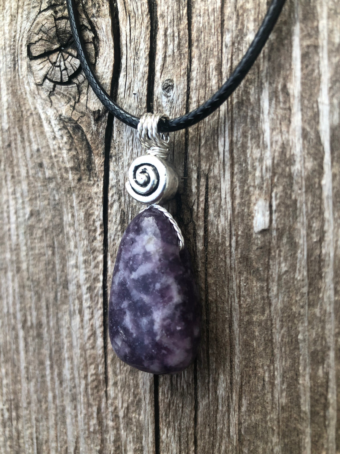 Lepidolite for Quiet and Stability. Swirl for Higher Consciousness and Black Cable