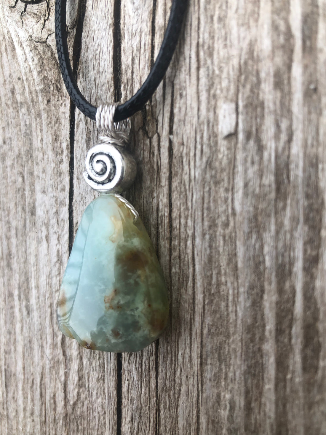 Chrysoprase for Truth, Hope and Peace. Swirl to Signify Consciousness. 18 Inch Cable Included.