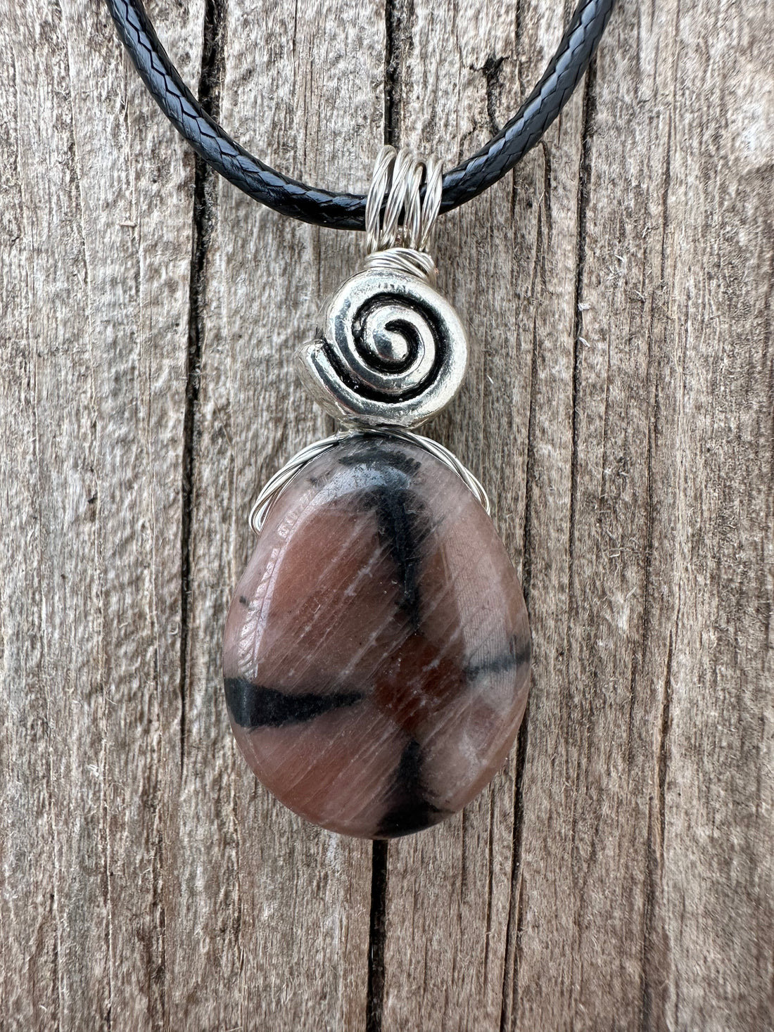 Chiastolite Pendant for Protection and Rebirth. Black cable and Swirl for Higher Consciousness.