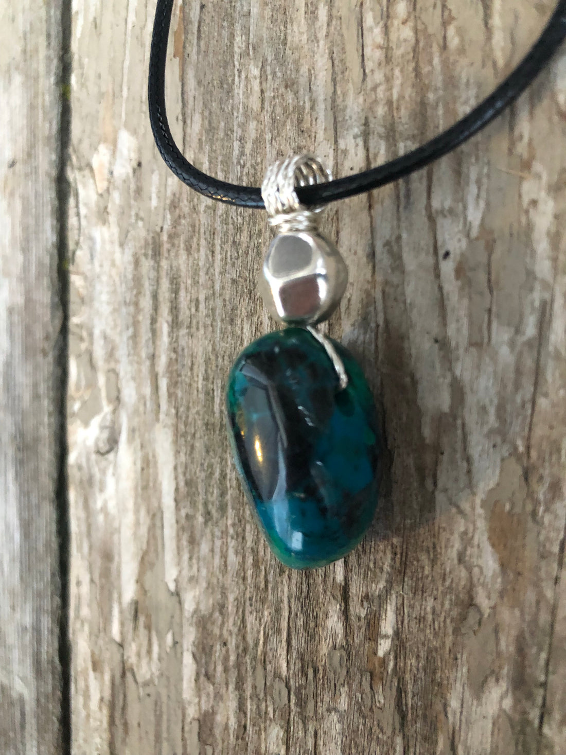 Chrysocolla for Release and Positivity. Pewter Accent.