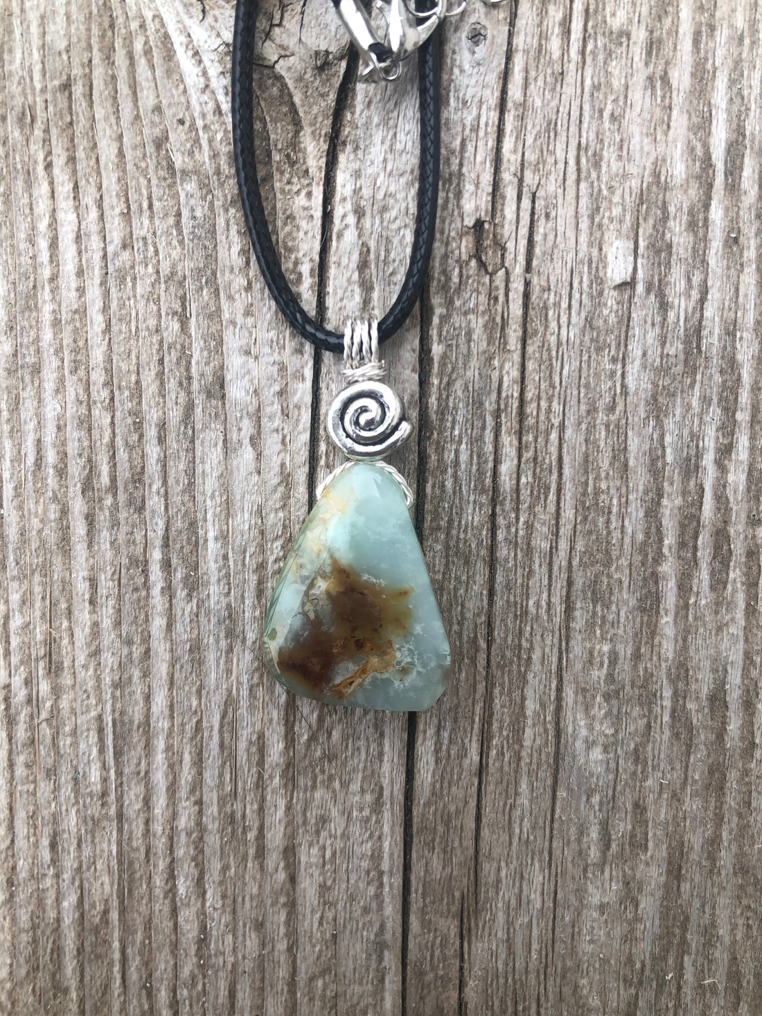 Chrysoprase for Truth, Hope and Peace. Swirl to Signify Consciousness. 18 Inch Cable Included.