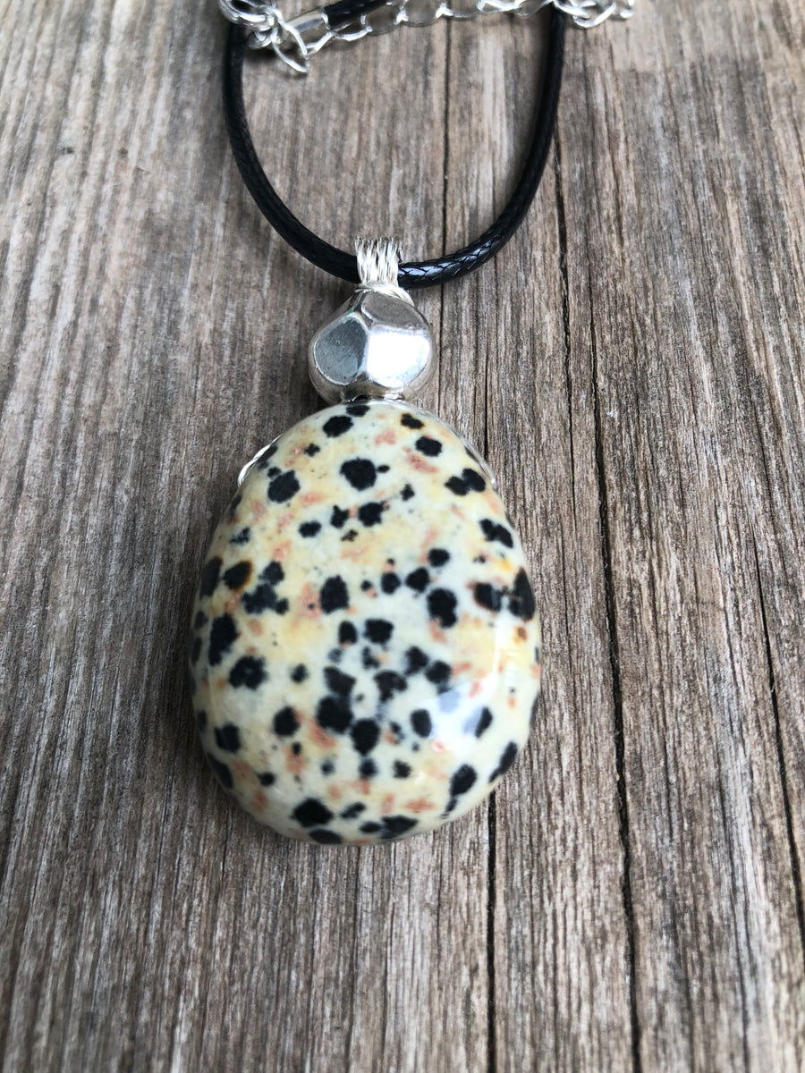 Dalmatian Jasper Necklace for Balance and Joy. Pewter Accent