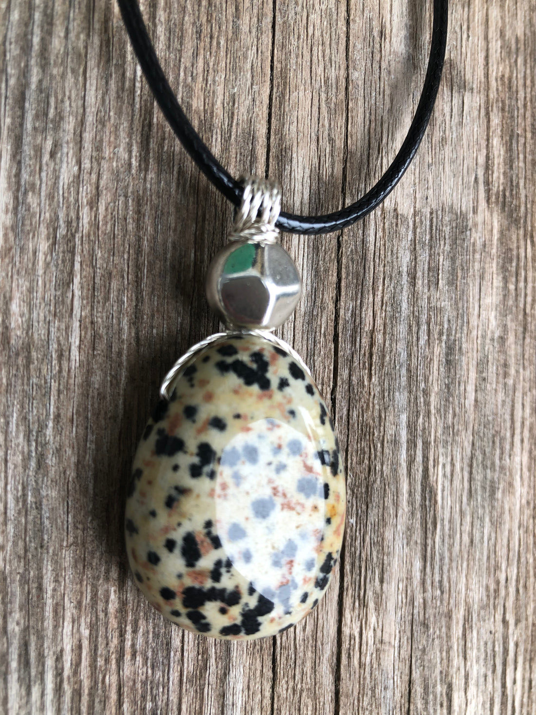 Dalmatian Jasper Necklace for Balance and Joy. Pewter Accent