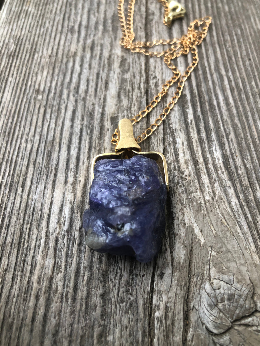 Raw Tanzanite for Communication on All Levels, Purpose and Creativity. 14 Karat Gold Plated Holder and Chain.