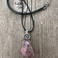 Rhodonite for Compassion, Balancing Emotions, and Self Confidence. Swirl to Signify Consciousness.