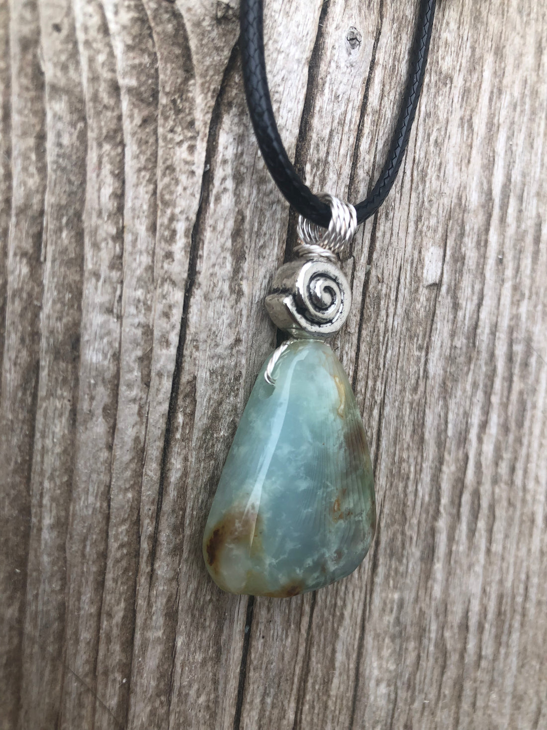 Chrysoprase for Truth, Hope and Peace. Swirl to Signify Consciousness. 18 Inch Cable Included.