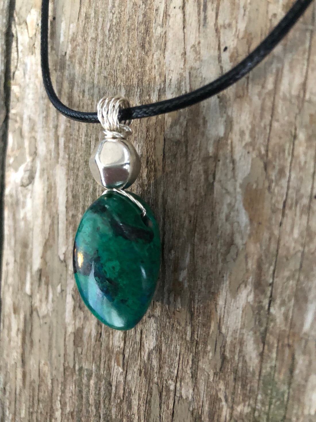 Chrysocolla for Release and Positivity. Pewter Accent.