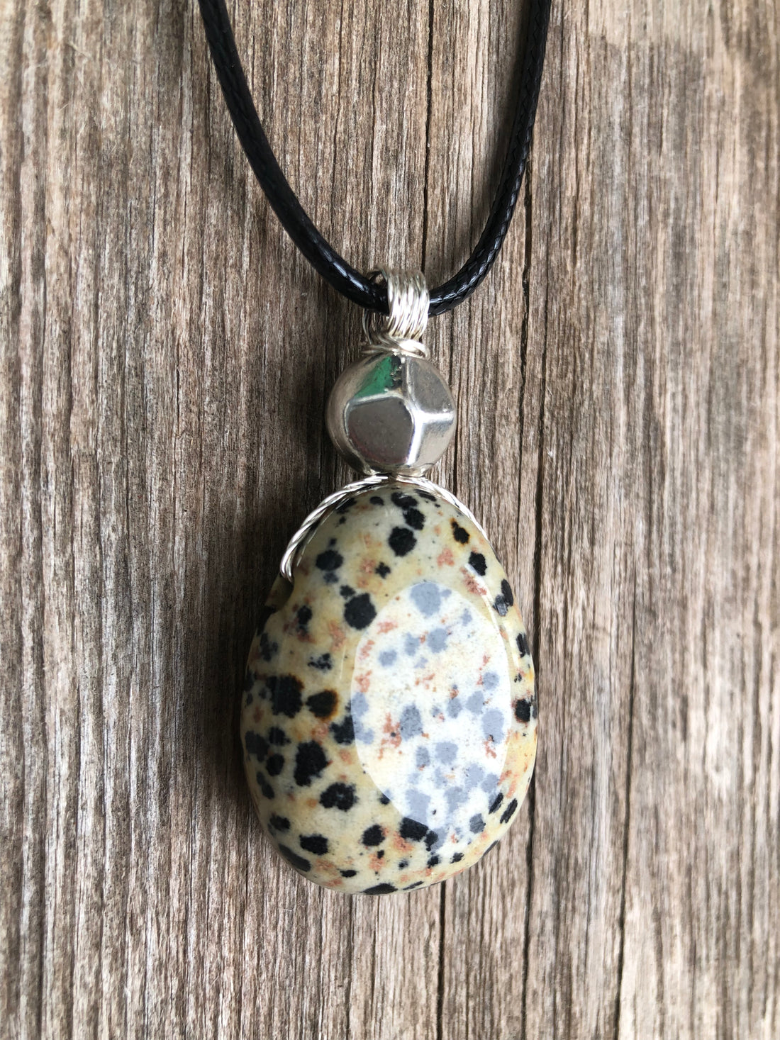 Dalmatian Jasper Necklace for Balance and Joy. Pewter Accent