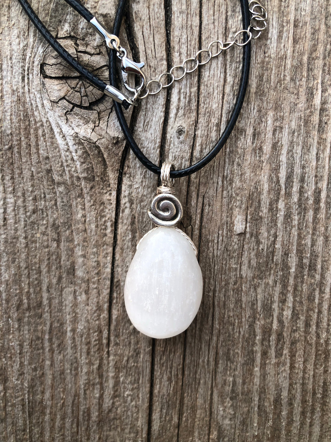 Selenite Necklace for Clearing Energy and Understanding. Swirl Signifies Consciousness