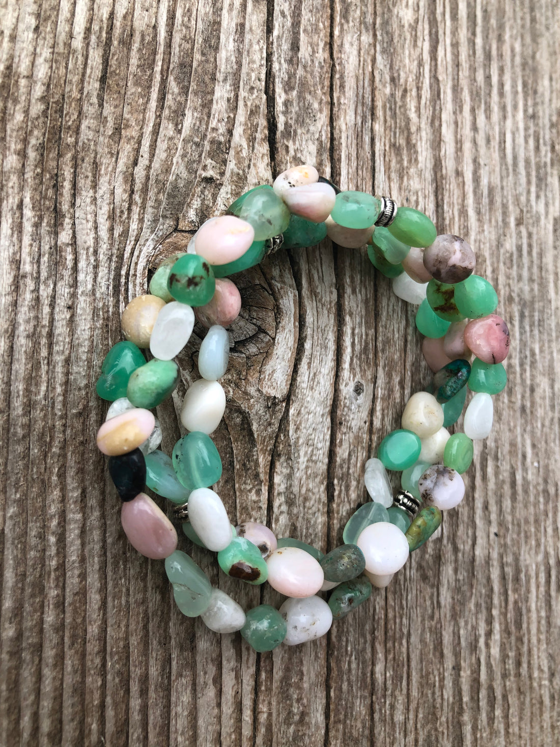 Chrysoprase, Pink Opal, Moonstone & Chrysocolla Wrap Bracelet for Heart Centered Awareness