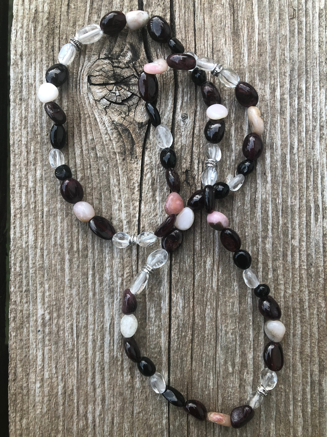 Retrograde Jewelry. Garnet, Pink Opal, Tourmaline and Clear Quartz for Invisibility