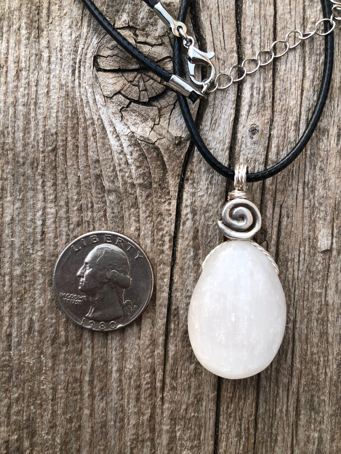 Selenite Necklace for Clearing Energy and Understanding. Swirl Signifies Consciousness