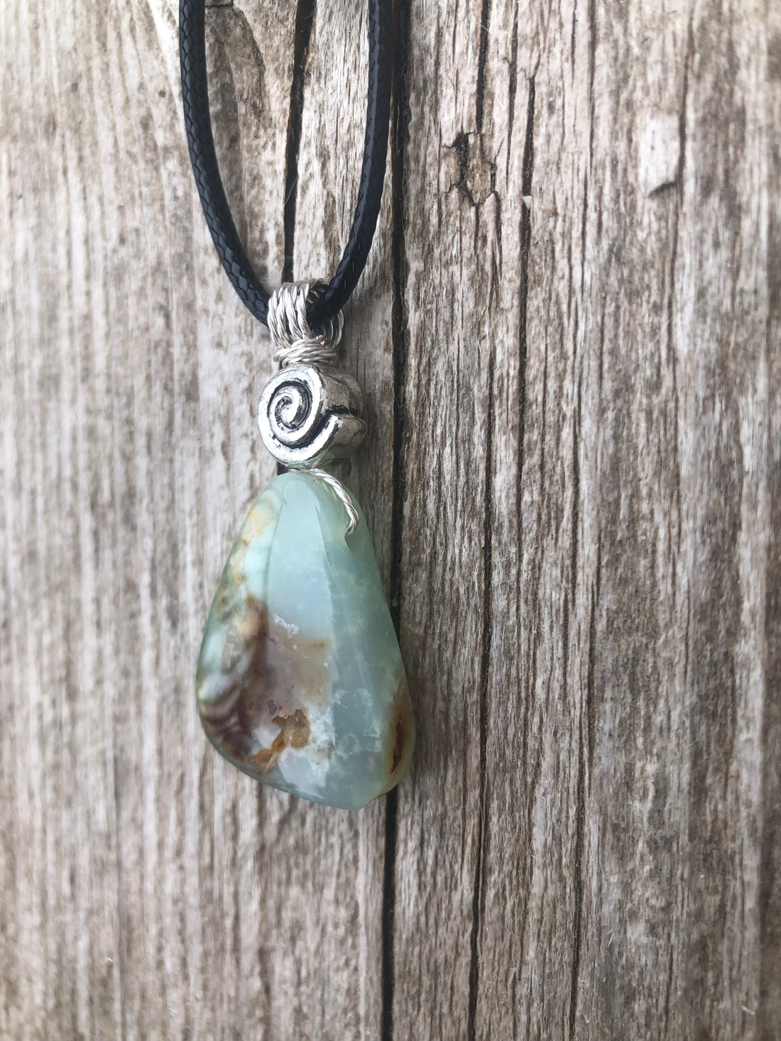 Chrysoprase for Truth, Hope and Peace. Swirl to Signify Consciousness. 18 Inch Cable Included.