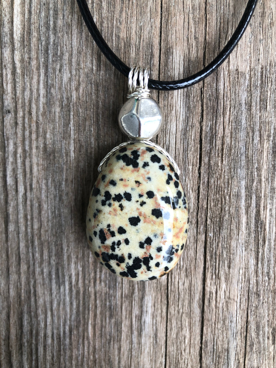 Dalmatian Jasper Necklace for Balance and Joy. Pewter Accent