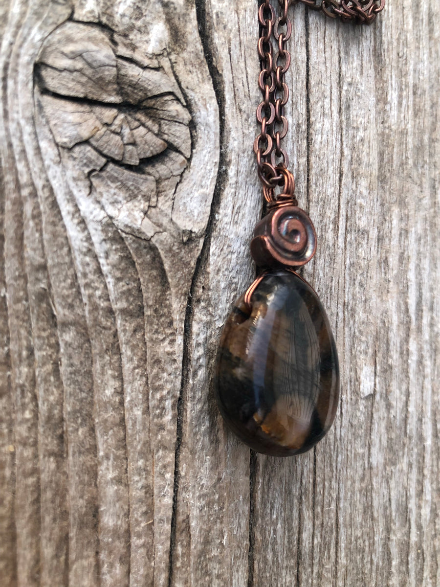 Chiastolite Pendant for Protection and Rebirth. Copper Accents with Swirl to Signify Consciousness. 18 inch Copper Chain